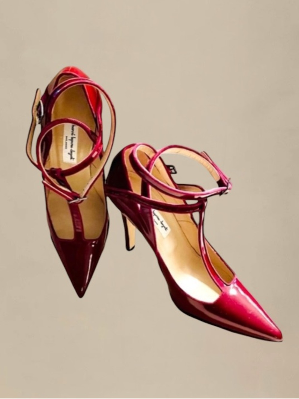 New! HENRI LEPORE DEZERT Carmela Burgundy Patent Crossback Heels  Shoes
